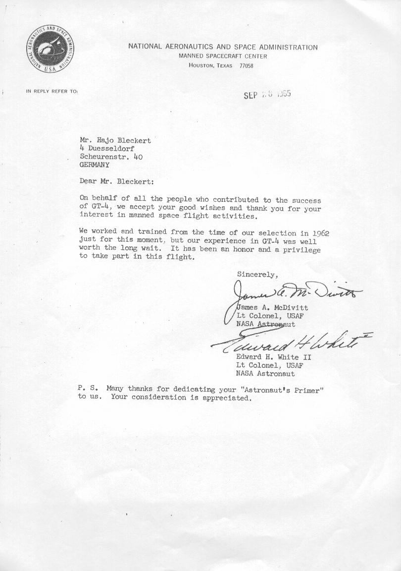 1. Brief NASA letter McDivitt White Kunstmaler Hajo Bleckert Rasterkunst Dsseldorf